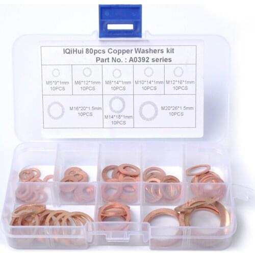 80pcs 8 Size Solid Copper Gasket Flat Ring Oil Pan Plug Assortment Gasket Set Plastic Box Professional Hardware Accessories