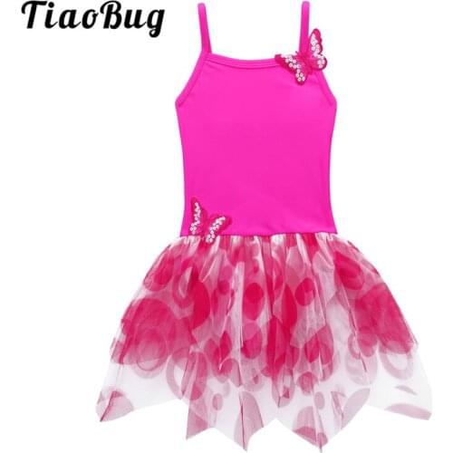 TiaoBug Kids Girls Ballet Tutu Leotard Dress Spaghetti Straps Butterfly Applique Gymnastics Leotard Children Stage Dance Costume