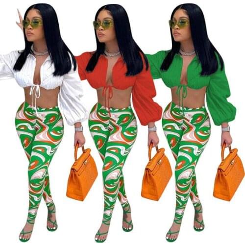 Echoine V-neck Lace Up Blouse Shirt Top Print Pencil Pants Set Autumn Long Sleeve Sexy Party Night Outfits Matching Set Hot
