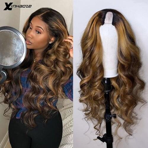 Xinhaoze Brazilian Highlight Ombre Human Hair U part Wigs for Black Women 180Density Remy Hair Wigs Middle Open U part Wigs