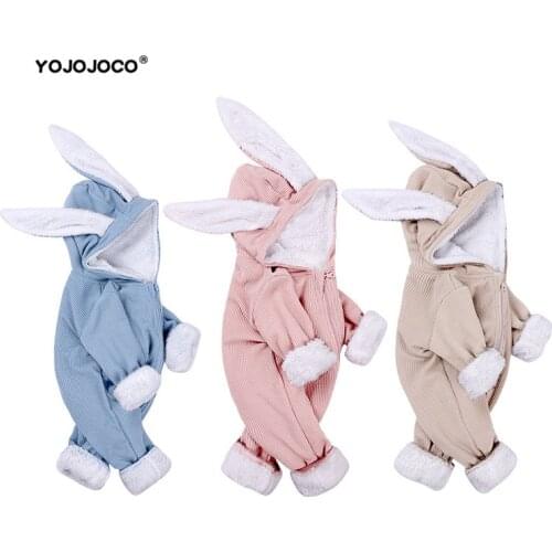 Baby clothes for newborns in autumn and winter plus velvet warm romper, baby one-piece romper, rabbit ears hooded jumpsuit