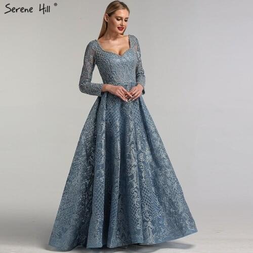 Dubai Blue Muslim Lace Beading Luxury Evening Dresses 2021 Long Plus Size Dress Evening Gowns LA60899 For Women