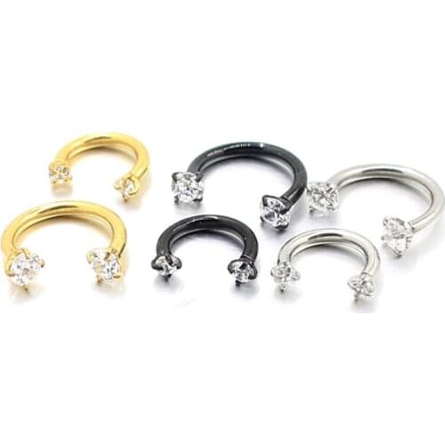 Double Headed Zircon U shaped horseshoe ring piercing jewelry BCR universal eyebrow nail Lip Clear Gem 316L Stainless Steel