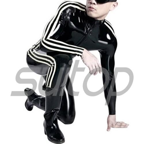 New Black Latex Male Bodysuit With White Strips Fetish Rubber Catsuit 0.6mm heavy Jumpsuit 3 sliders front zip through crotch