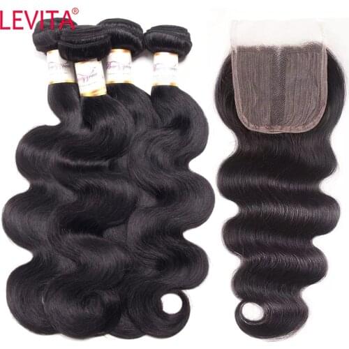 LEVITA Body Wave Bundles With T Part Closure Brazilian 100% Human Hair Weave Bundles With Closure Hair Extension