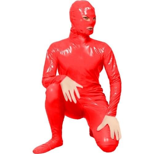 Men PVC Catsuit Shiny Vinyl Zipper Back to Crotch Zentai Masked Cosplay Open Eyes Mouth Hot Erotic Gay Fetish Wear Costume S-7XL