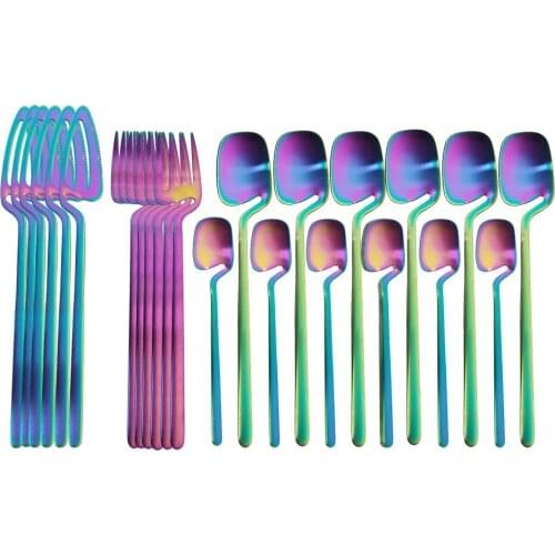 24pcs Rainbow Dinnerware Set Spoon Fork Knife Table Decor Cutlery Sets Kitchen Matte Gold tableware Set Desserts Soup Coffee Use