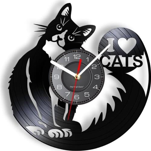 I Love Cats Kitty Rescue Wall Art Silent Movement Clock Pet Adoption Kittens Home Decor Cat Shop Vinyl Record Clock Wall Watch