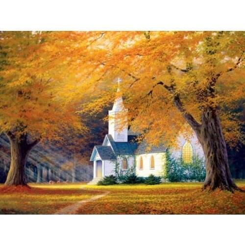 Glenns Church Autumn scenery Arts Needlework 14CT Canvas Unprinted Handmade Embroidery Aida Cross Stitch Kits DIY Home Decor