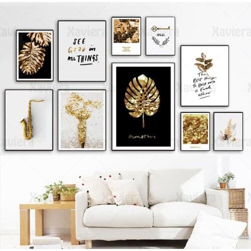 Gold Luxury Painting Abstract Wall Art Plant Leaves Saxophone Quotes Modern Art Poster Canvas Printing Living Room Home Decor