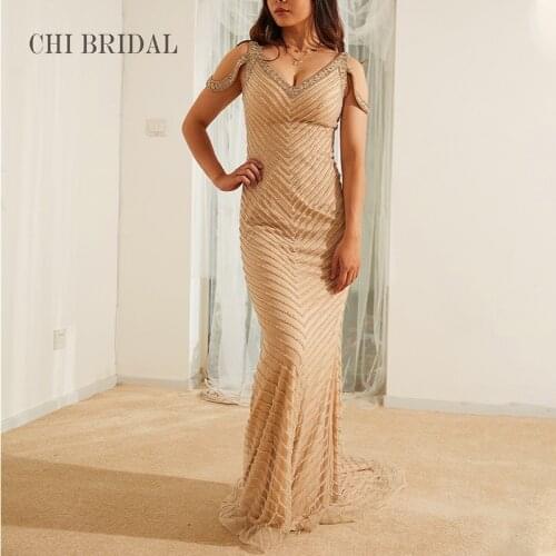 V-Neck Sexy Evening Dress Fashion And Elegant Mesh Fabric Sling Drop Shoulder Dress Handmade Beaded Tailing Evening Dress