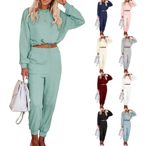 Sexy Women Tracksuit Casual Loose Solid Color Short Sweatshirts Drawstring Pullovers Jogging Pants Set Women Two Piece Set