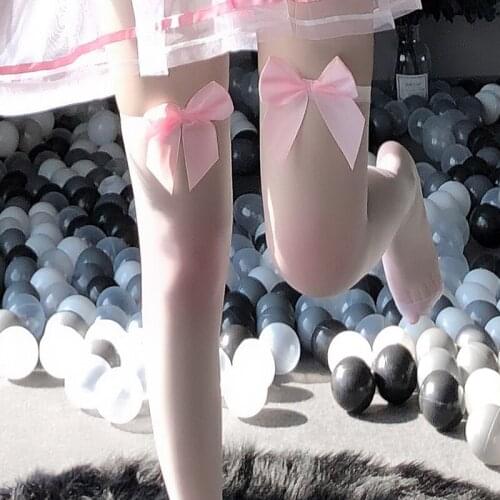 Bow Mesh Women Over Knee Sexy Suspender Tube Silk Thigh High Cute Fishnet Transparent Stockings Pure Lovely New Harness Garter