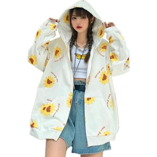 Cute Harajuku Style Zip-up Hooded Sweatshirt Bear Sunflower Print Women Oversized Loose Pocket Hoodies Plus Size 4XL Streetwear