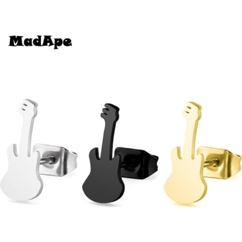 MadApe Cute Guitar Stainless Steel Stud Earrings 2019 New Silver Color Black Gold Color Earrings For Women Fashion Jewelry