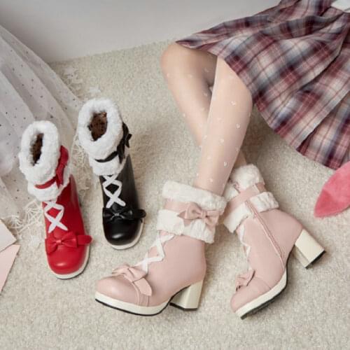 Sianie Tianie Sexy Winter Warm Women Shoes Faux Fur Plush Platform Block High Heels Mid-calf Woman Snow Boots With Bowtie Knot