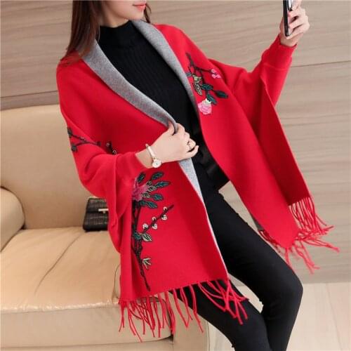 Spring/Autumn Lady Embroidered Shawl Women Cardigan Sweaters Elegant Fashion Knitted Wrap Cloak Coat England Style Tops Cape