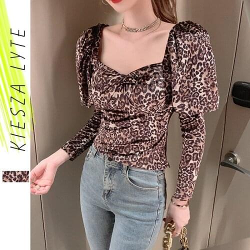 Womens Sexy Pullover Tee Tops 2021 Autumn Spring Long Puff Sleeve Leopard Print T-shirt Blouse Ladies Feminina Outerwear