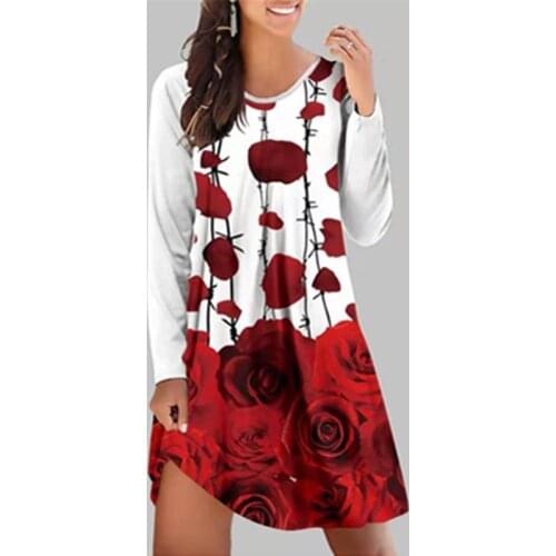 Fashion Rose Printed Patchwork Lady A-Line Dress Elegant O Neck Loose Long Sleeve Mini Dress Spring Autumn Women Casual Dresses