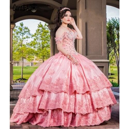 Major Beading Sweet 16 Quinceanera Dresses Lace Applique Off Shoulder Pageant Dress Tiered Skirt Mexican Girls Birthday Gowns