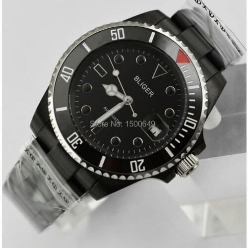 BLIGER 40mm Ceramic Bezel with red mark PVD black steel case black steel strap date Automatic men wrist watch