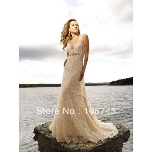 Free Shipping rhinestone bridal belt Noble Champagne Mermaid Lace Wedding dress 2017 Bridal Dress Gown Custom