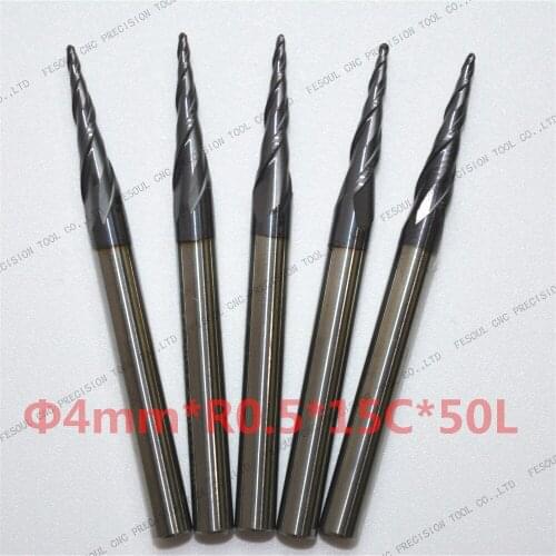 Free shipping-10PCS,R0.5*D4*15*50L,HRC55 Tungsten solid carbide TiALN Coated Tapered Ball Nose End Mill,taper and cone Bit,wood