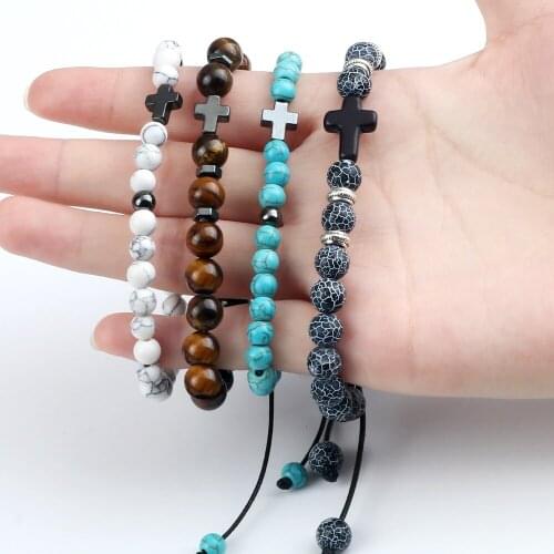 More Style 6 8MM Natural Stone Bracelet Prayer Jesus Cross Pendant Handmade Bracelets Elastic Spacer Bangles Jewelry Gift Friend