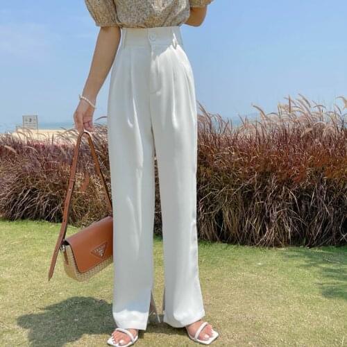 Fashion High Waist Split Trousers White Elegant Office Ladies Straight Suit Pants Autumn Casual Loose Pockets Long Pants Femme