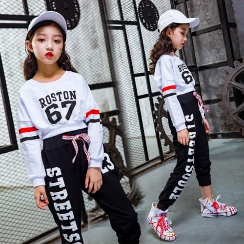 Children Girl Street Dance Costume Kids Hip Hop Dace Costume School Long Sleeve Jazz Dance Outfit Stage Modren Dance Dress 90