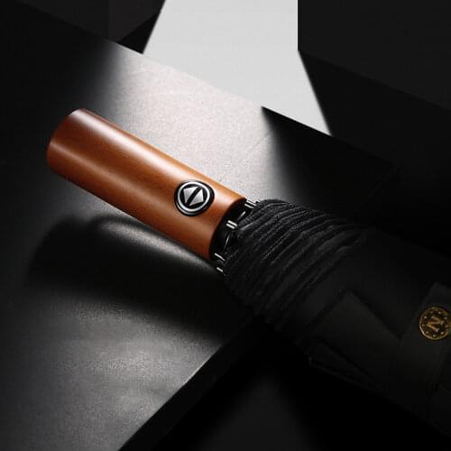 Double Layer Automatic Umbrella Men Business Wooden Handle Folding Umbrella 8K Windproof Rain Big Golf Black Umbrella Paraguas