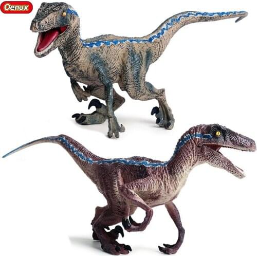 Oenux Big Size 37x8X14cm Original Jurassic Dinosaur Blue Velociraptor Mouth Can Open Dino Model Action Figures Collection Toy