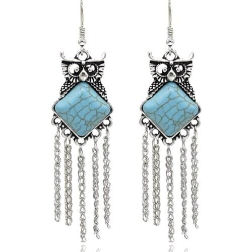 FYJS Unique Silver Plated Green Turquoises Stone Owl Shape Earrings Hyperbole Style Jewelry