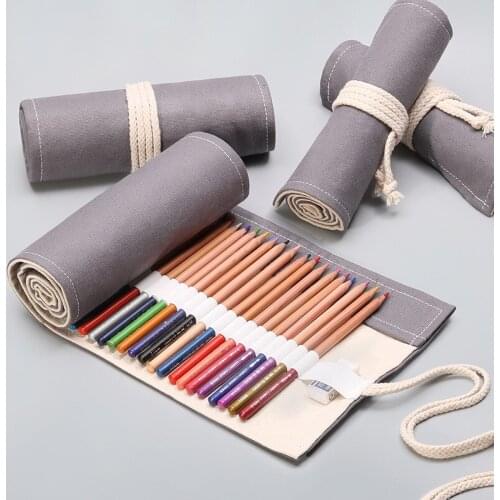 Handmade 12/24/36/48/72 hole gray canvas pen curtain Creative large capacity pencil case Fine Art Colored Lead Stationery Bag