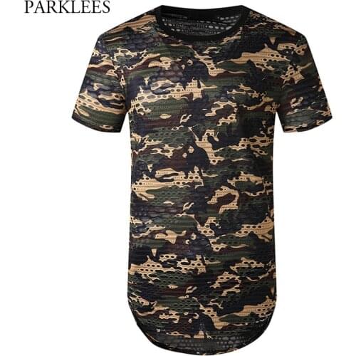 Camouflage Ripped Longline T-shirt Men 2020 Hip Hop Extra Long Mens T Shirts Casual Hipster T Shirt for Men Tee Shirt Homme 2XL