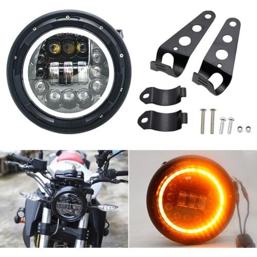 7.5" Round Headlamp With White/ Amber Halo Ring For Cafer Racer Honda Suzuki BMW 7.5 Inch Projector LED Motorcycle Headlight