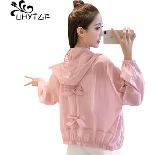 UHYTGF Summer jacket women fashion bow Sun protection clothing thin tops coat Loose oversized hooded breathable student jacket 9