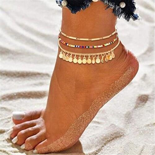Fashion Beach Anklet Gold Color Sequined Foot Jewelry Colorful Bead Multilayer Anklet for Woman