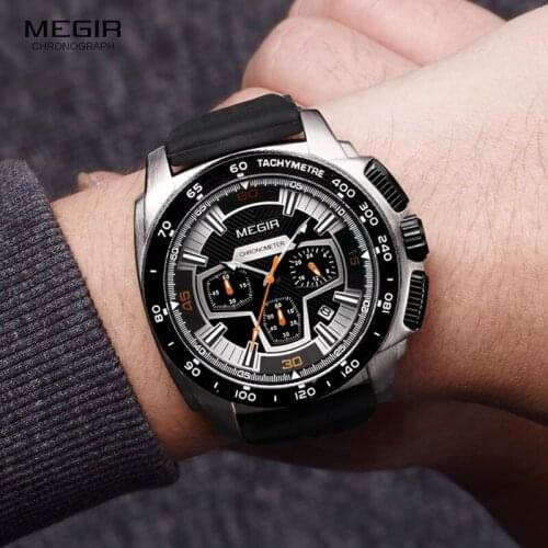 Megir Mens Army Sports Chronograph Quartz Watches Silicone Band 24 Hours Military Waterproof Wristwatch for Man 2056GS-BK-1