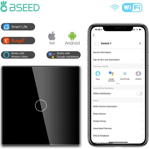 BSEED WIFI Light Touch Switch Smart Wall Switch 1/2/3Gang 1/2/3Way Wireless Control Switches Tuya Smart Life App EU Standard