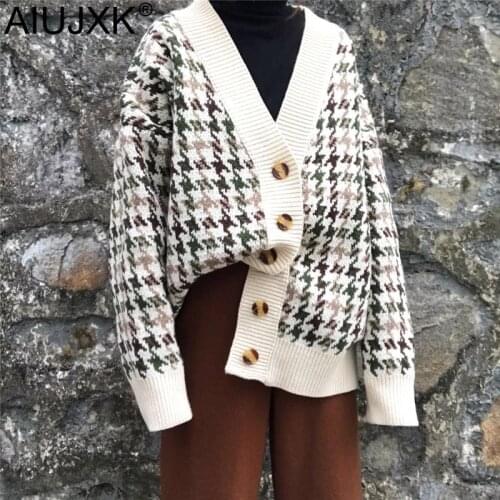 AIUJXK 2019 New Knitting Women Sweaters Cardigan Long Sleeve Autumn Winter Plaid Sweater Korean Style Warm Female Cardigan Coat