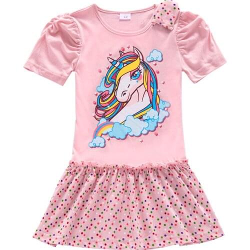 Girls dress stitching 100% cotton baby girl clothes unicorn pattern girl short sleeve dress summer girl casual dress vacation