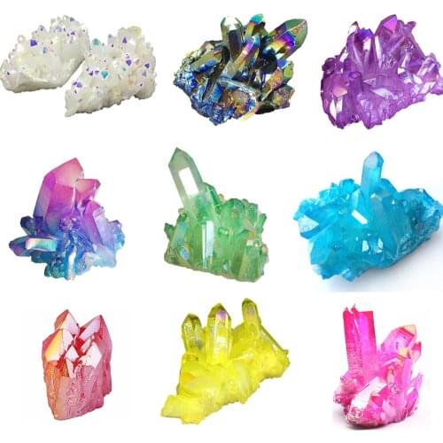 Natural Angel Aura Quartz Titanium Coated Cluster Minerals Specimen Reiki Healing Energy Present Crystal Stone Home Decoration