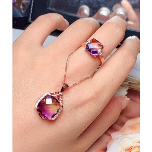 The best gift for engagement Ametrine jewelry set Natural Real Ametrine 925 sterling silver 1pc pendant,1pc ring