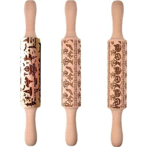 Halloween Rolling Pins Pumpkin Bat Wooden Rolling Embossing Baking Cookies Biscuit Fondant Cake Patterned Roller 35*4.5cm
