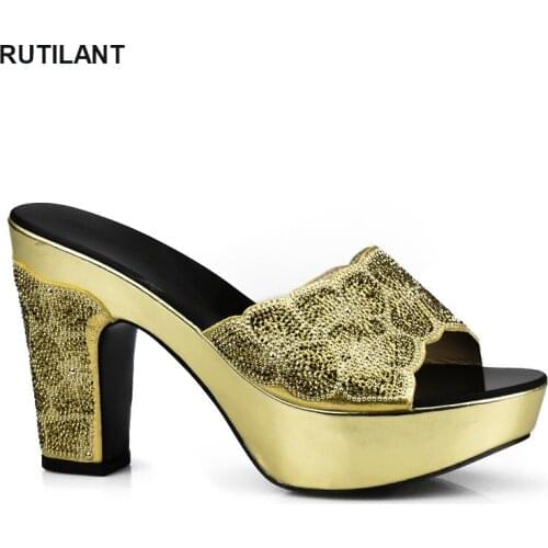 Latest Gold Color Italian Ladies Sexy High Heels Pumps Rhinestones Large Size 37 To 43 High Quality Slip on Women Party Shoes