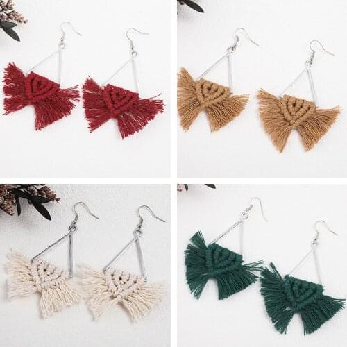 Handmade DIY Bowknot Cotton Macrame Tassel Dangle Drop Earrings for Women Trendy Metal Triangle Simple Daily Jewelry Gift Custom