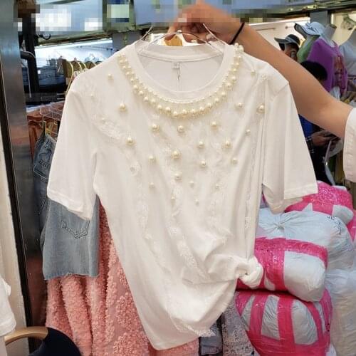Big Pearl Beaded Short Sleeve T-shirt Women 2020 Summer New European Style Loose Shirt Girls Ladys Tee Tops T Shirts Ropa Mujer
