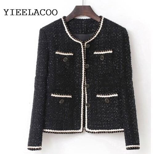 Black tweed jacket female bright wire braided fabric spring /autumn / winter jacket temperament French perfume womens jacket