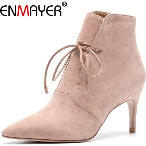 ENMAYER Woman Ankle boots Short boots Winter Shoes Pointed toe Black Size 34-40 Causal Bowtie Flock Med heels Thin heels CR1923